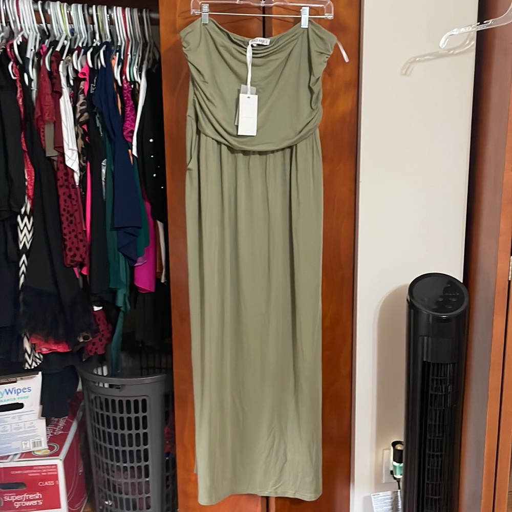 Sage green, ruched top, strapless dress with pockets